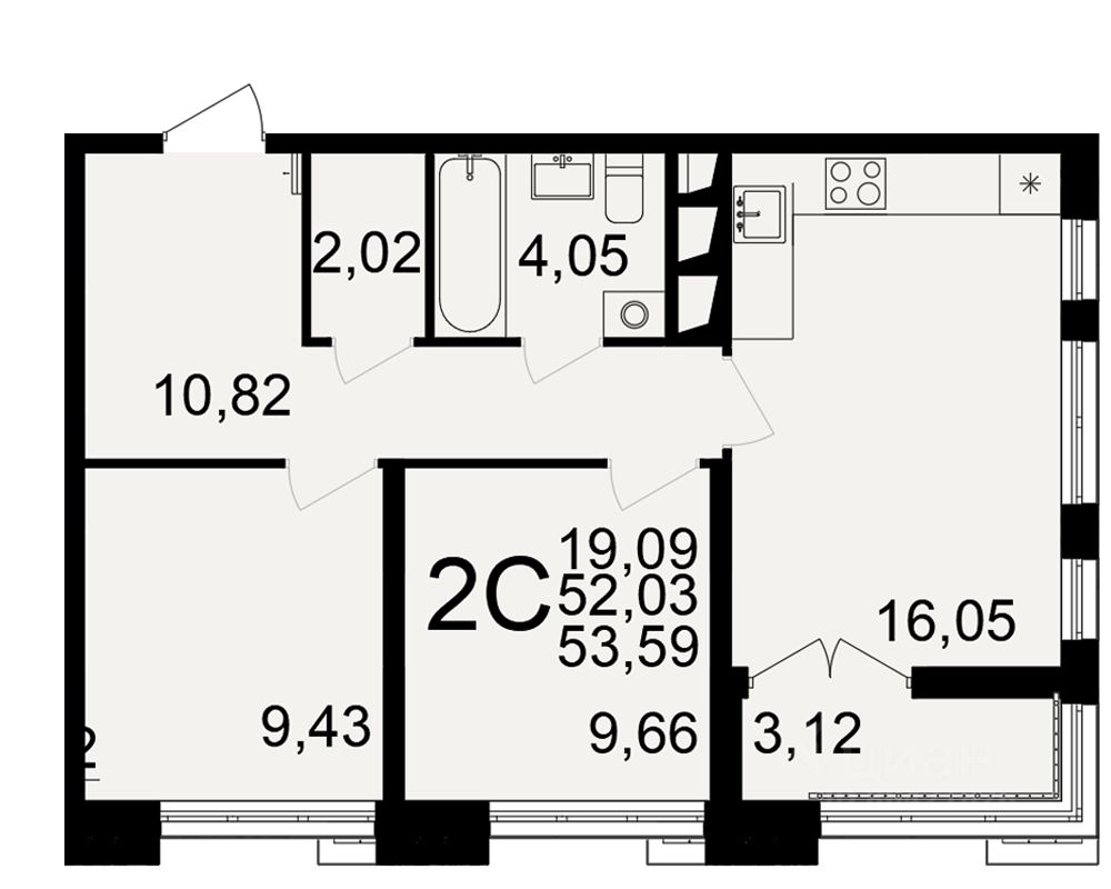 2-комн.кв., 53,6 м², 17/18 этаж