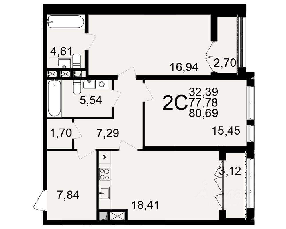 2-комн.кв., 80,7 м², 1/18 этаж