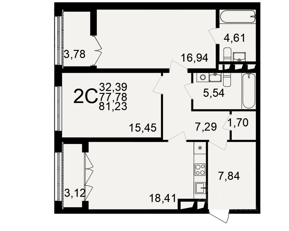 2-комн.кв., 81,2 м², 17/18 этаж