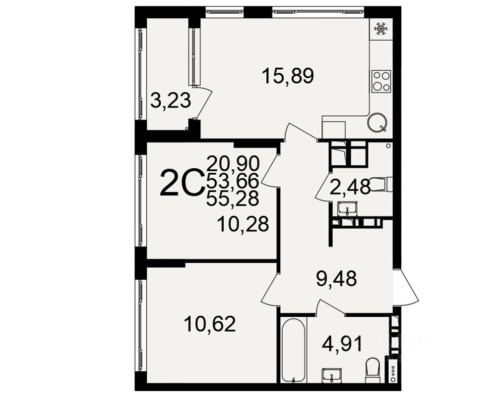 Продается2-комн.квартира,55,28м²