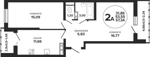 2-комн.кв., 57 м², этаж 4