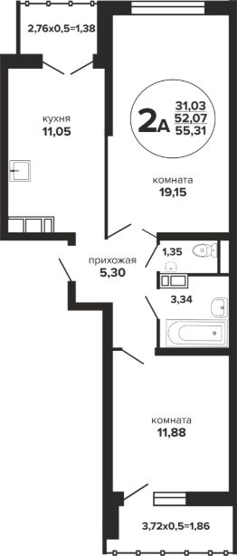 2-комн.кв., 55 м², этаж 11