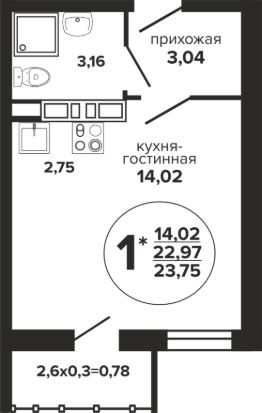 студия, 24 м², этаж 12