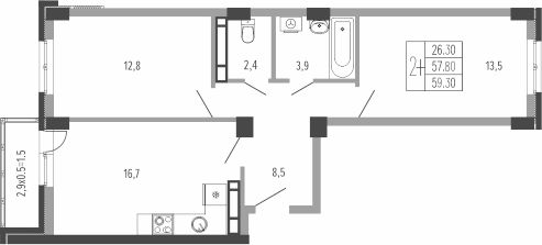 2-комн.кв., 59 м², этаж 1