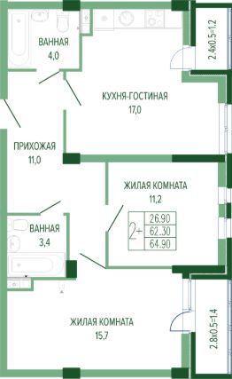 2-комн.кв., 65 м², этаж 5