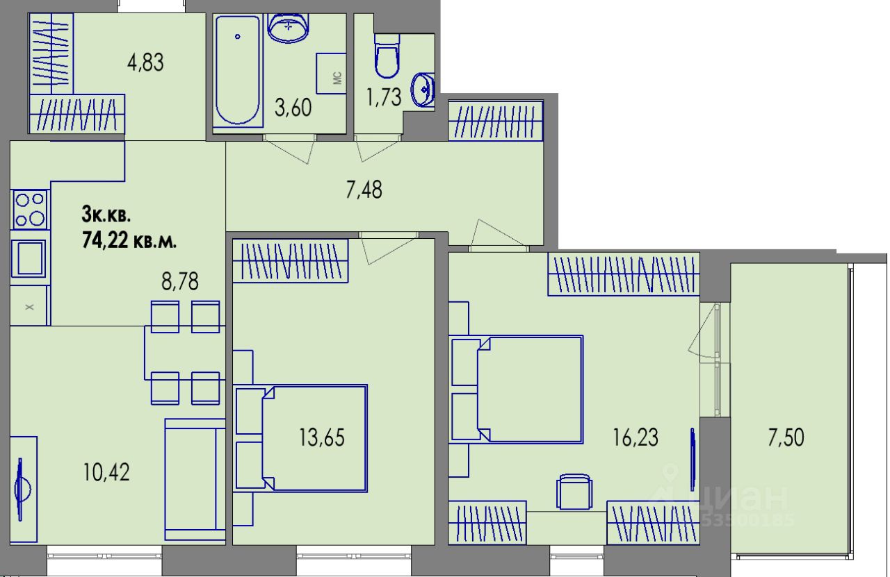 Продаю трехкомнатную квартиру 74,3м² Петрозаводск, Карелия респ., Перевалка-2  территория, Университетский Городок микрорайон, Равновесие микрорайон -  база ЦИАН, объявление 294752630