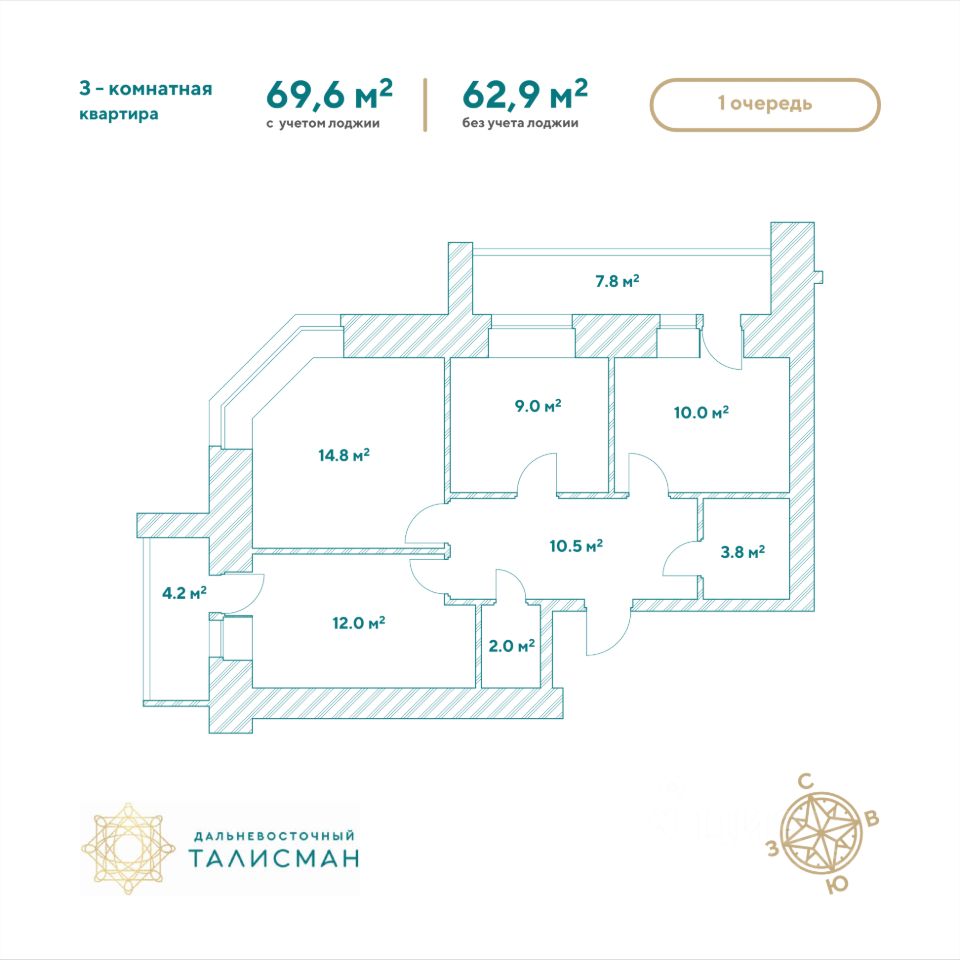 Купить трехкомнатную квартиру 69,6м² Благовещенск, Амурская область,  Дальневосточный талисман жилой комплекс - база ЦИАН, объявление 294753351