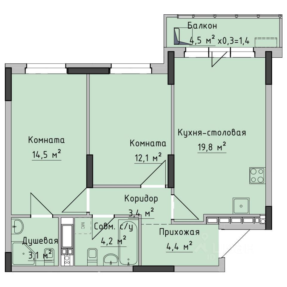 Продажа двухкомнатной квартиры 63м² ул. Холмогорова, 89, Ижевск, Удмуртская  респ. - база ЦИАН, объявление 260128744