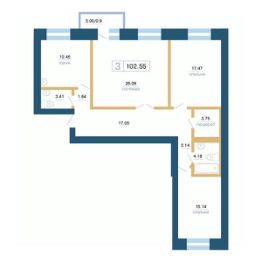 3-комн.кв., 105 м², этаж 3