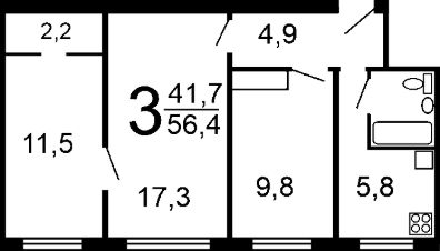 3-комн.кв., 57 м², этаж 2