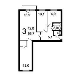 3-комн.кв., 55 м², этаж 5