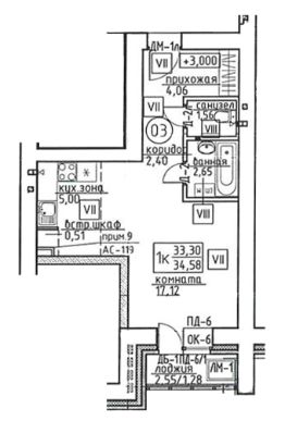 1-комн.кв., 35 м², этаж 3