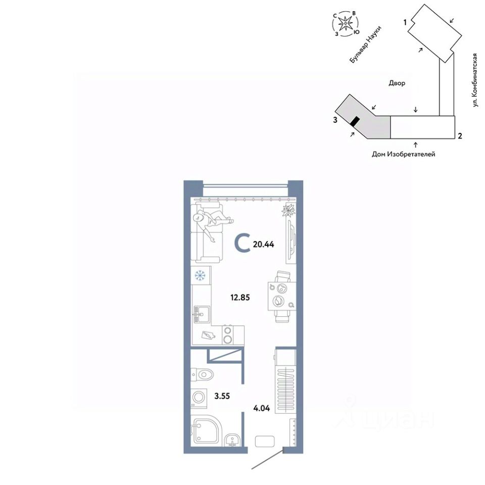 Продаю квартиру-студию 20,4м² Комбинатская ул., 16к1, Тюмень, Тюменская  область - база ЦИАН, объявление 295047578