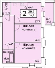 2-комн.кв., 68 м², этаж 3