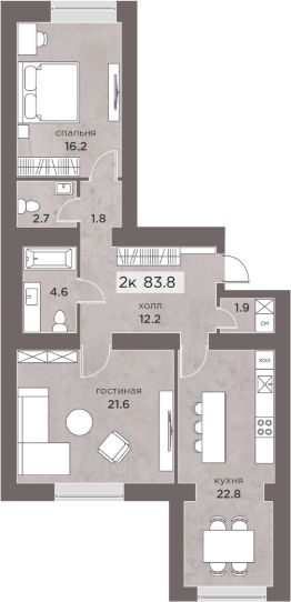 2-комн.кв., 84 м², этаж 3