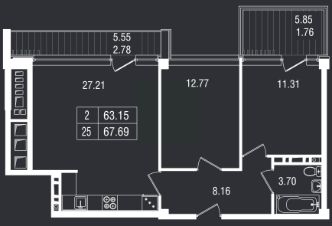 2-комн.апарт., 68 м², этаж 3