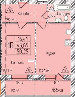 1-комн.кв., 50 м², этаж 1