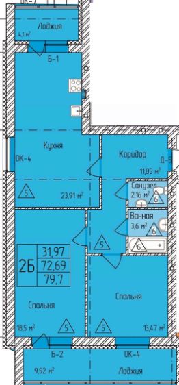 2-комн.кв., 80 м², этаж 7