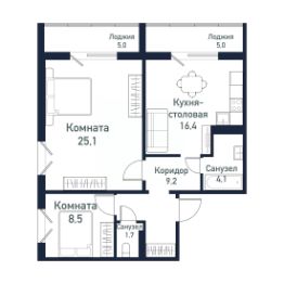 2-комн.кв., 65 м², этаж 2