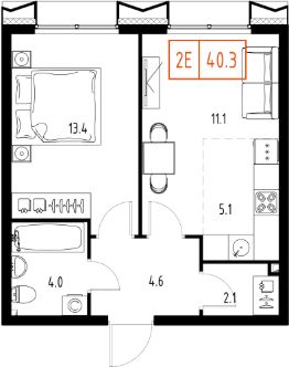 2-комн.кв., 40 м², этаж 6