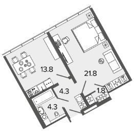 1-комн.апарт., 45 м², этаж 15