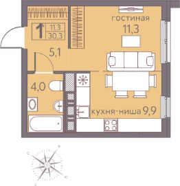 студия, 30 м², этаж 21