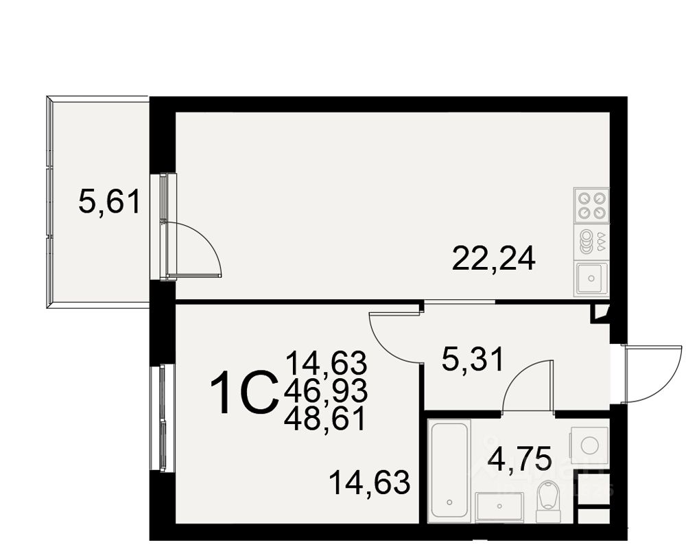 1-комн.кв., 48,6 м², 1/11 этаж