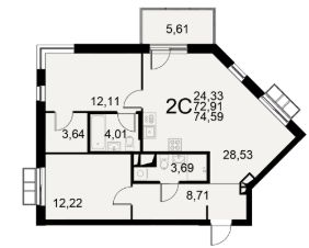 2-комн.кв., 75 м², этаж 2