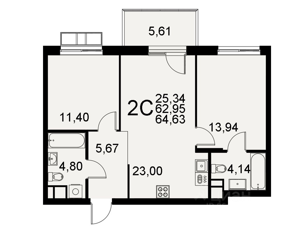 2-комн.кв., 64,6 м², 7/11 этаж