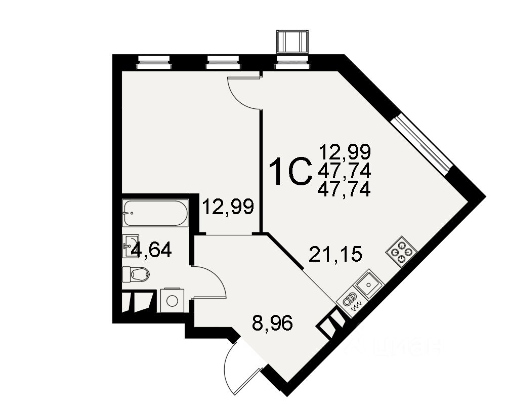 1-комн.кв., 47,7 м², 1/11 этаж