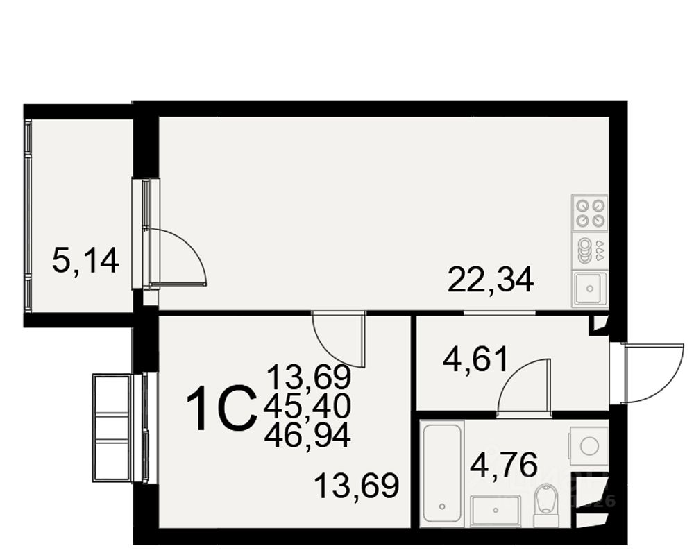 1-комн.кв., 46,9 м², 10/11 этаж