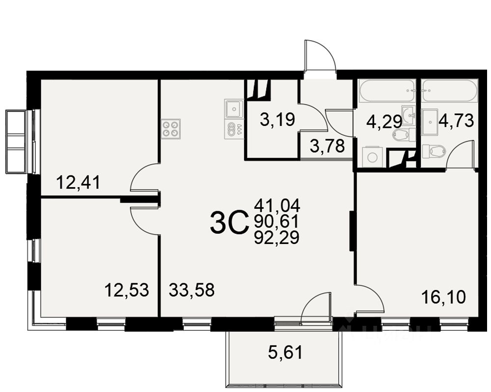 3-комн.кв., 92,3 м², 7/11 этаж