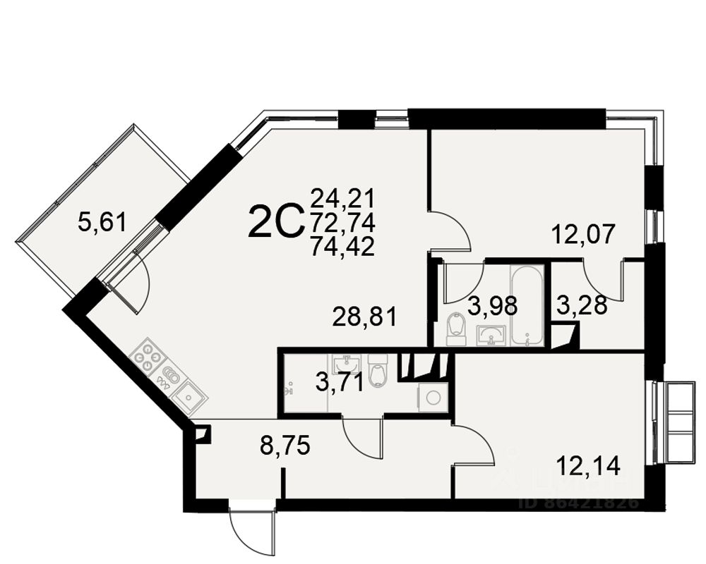 2-комн.кв., 74,4 м², 2/11 этаж