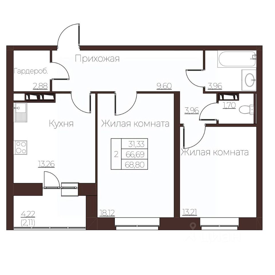 Купить двухкомнатную квартиру 68,8м² ул. Левый Берег реки Оки, 21, Орел,  Орловская область - база ЦИАН, объявление 295321974