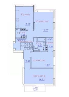 3-комн.кв., 77 м², этаж 2