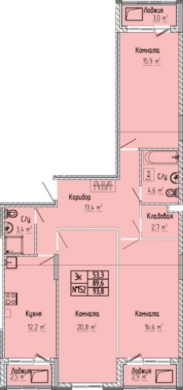 3-комн.кв., 94 м², этаж 9