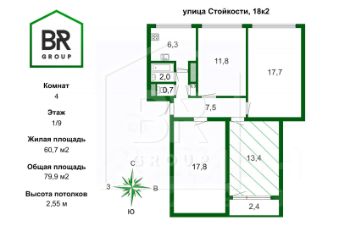 комната 78/13 м², этаж 1