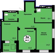 3-комн.кв., 64 м², этаж 7