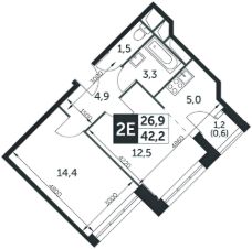 2-комн.кв., 42 м², этаж 12