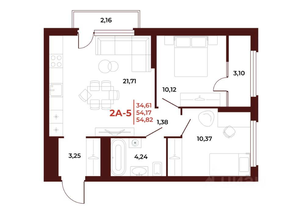 Продается2-комн.квартира,54,82м²