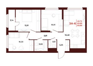 3-комн.кв., 70 м², этаж 2