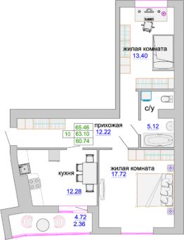 2-комн.кв., 64 м², этаж 4