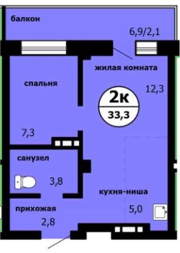 2-комн.кв., 33 м², этаж 9