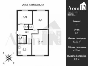 3-комн.кв., 42 м², этаж 2