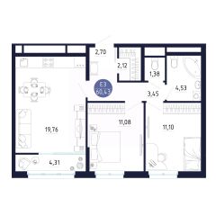 2-комн.кв., 60 м², этаж 21