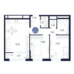 2-комн.кв., 60 м², этаж 19