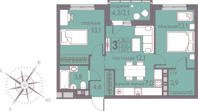 3-комн.кв., 60 м², этаж 20