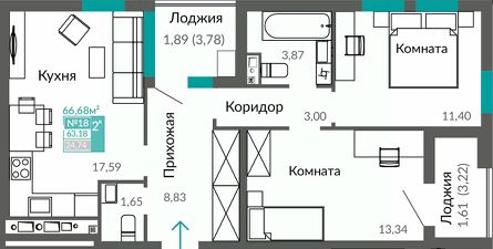 2-комн.кв., 63 м², этаж 5