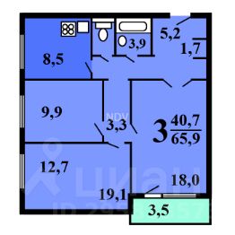 3-комн.кв., 66 м², этаж 16