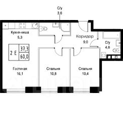 2-комн.апарт., 60 м², этаж 20